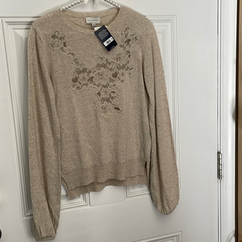 Lucky Brand Snagging linen-blend long sleeve top | beige | large